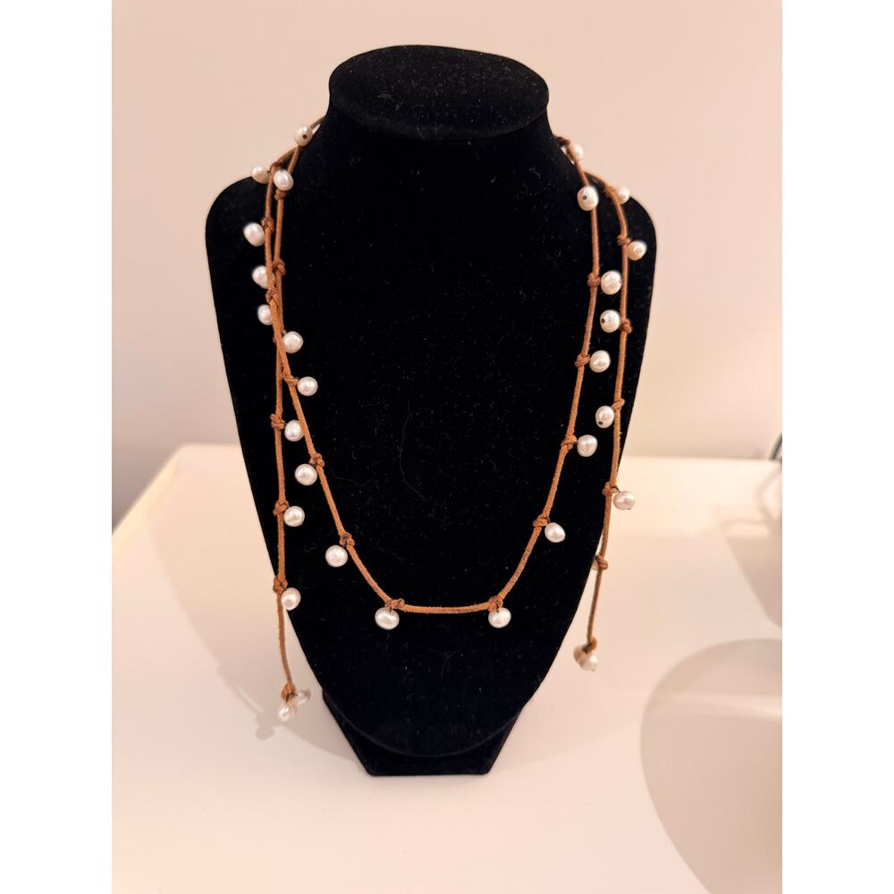 Freshwater Pearl Hand-Knotted Leather Lariat Necklace 46” OS